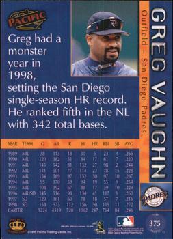 1999 Pacific - Red #375 Greg Vaughn  Back