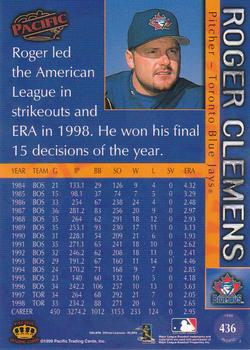 1999 Pacific - Red #436a Roger Clemens Back