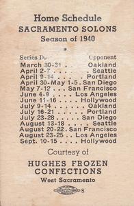 1940 Hughes Frozen Confections Sacramento Solons #NNO Oscar Judd Back