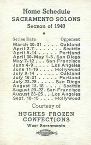 1940 Hughes Frozen Confections Sacramento Solons #NNO Dib Williams Back
