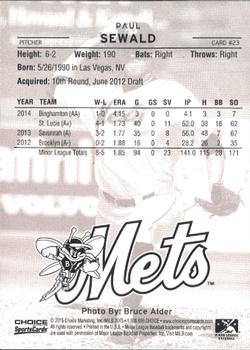2015 Choice Binghamton Mets #23 Paul Sewald Back