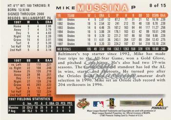 1998 Score Baltimore Orioles #8 Mike Mussina Back