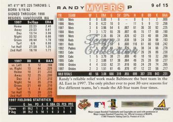 1998 Score Baltimore Orioles #9 Randy Myers Back