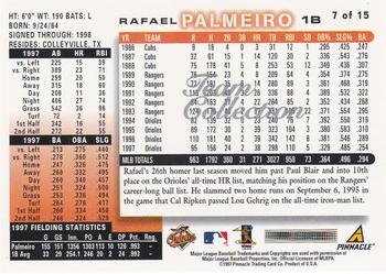 1998 Score Baltimore Orioles #7 Rafael Palmeiro Back