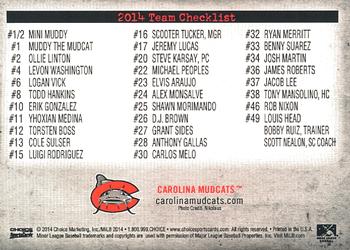 2014 Choice Carolina Mudcats #NNO Checklist Back