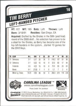 2013 Choice Carolina League Top Prospects #16 Tim Berry Back