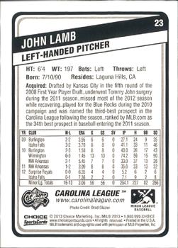 2013 Choice Carolina League Top Prospects #23 John Lamb Back