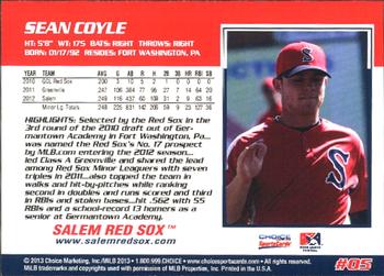 2013 Choice Salem Red Sox #5 Sean Coyle Back