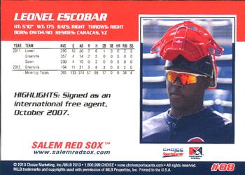 2013 Choice Salem Red Sox #8 Leonel Escobar Back
