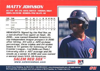 2013 Choice Salem Red Sox #11 Matty Johnson Back