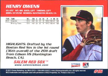 2013 Choice Salem Red Sox #16 Henry Owens Back