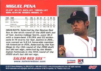 2013 Choice Salem Red Sox #17 Miguel Pena Back