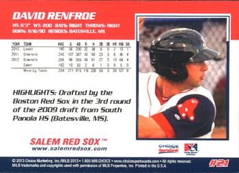 2013 Choice Salem Red Sox #21 David Renfroe Back