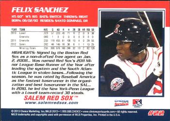 2013 Choice Salem Red Sox #22 Felix Sanchez Back