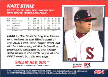 2013 Choice Salem Red Sox #24 Nate Striz Back