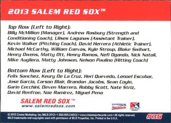 2013 Choice Salem Red Sox #35 Team Photo Back