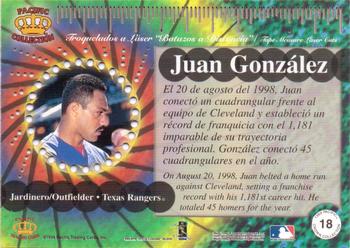 1999 Pacific Crown Collection - Tape Measure #18 Juan Gonzalez  Back