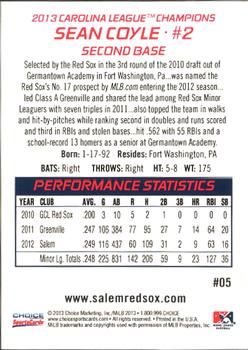 2013 Choice Salem Red Sox Carolina League Champions #5 Sean Coyle Back