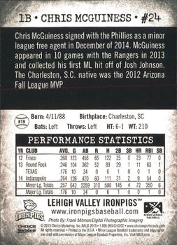 2015 Choice Lehigh Valley IronPigs Second Edition #19 Chris McGuiness Back