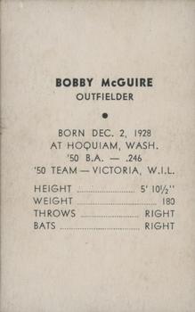 1951 Vancouver Capilanos Popcorn Issue #NNO Bobby McGuire Back
