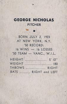 1951 Vancouver Capilanos Popcorn Issue #NNO George Nicholas Back