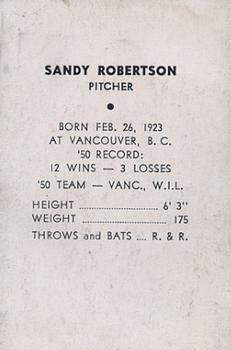 1951 Vancouver Capilanos Popcorn Issue #NNO Sandy Robertson Back