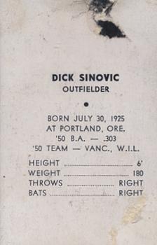 1951 Vancouver Capilanos Popcorn Issue #NNO Dick Sinovic Back