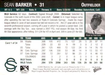2008 MultiAd Colorado Springs Sky Sox #1 Sean Barker Back