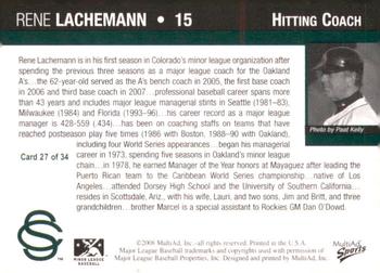 2008 MultiAd Colorado Springs Sky Sox #27 Rene Lachemann Back