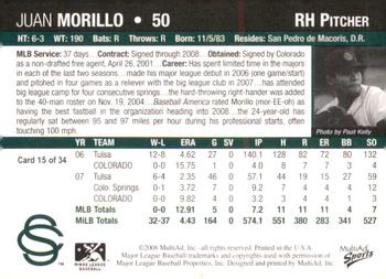 2008 MultiAd Colorado Springs Sky Sox #15 Juan Morillo Back