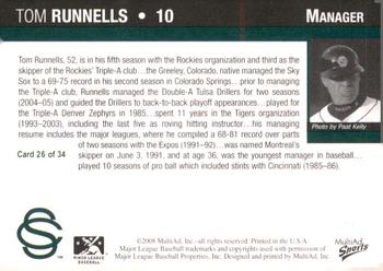 2008 MultiAd Colorado Springs Sky Sox #26 Tom Runnells Back