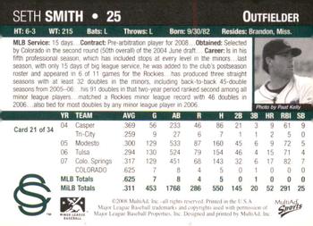 2008 MultiAd Colorado Springs Sky Sox #21 Seth Smith Back