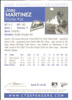 2008 MultiAd Connecticut Defenders #21 Joe Martinez Back
