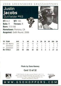 2008 MultiAd Greensboro Grasshoppers #16 Justin Jacobs Back