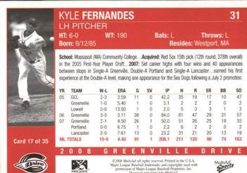 2008 MultiAd Greenville Drive #17 Kyle Fernandes Back