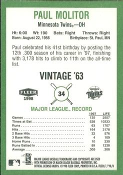 1998 Fleer Tradition - Vintage #34 Paul Molitor Back