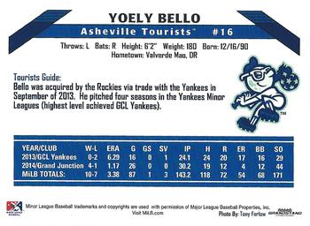 2015 Grandstand Asheville Tourists #NNO Yoely Bello Back