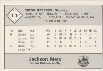 1987 Feder Texas League All Stars #11 Gregg Jefferies Back