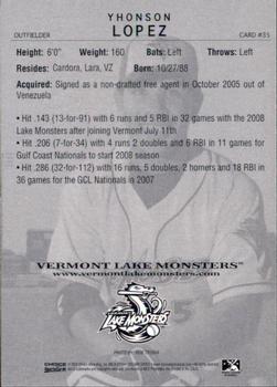 2009 Choice Vermont Lake Monsters #35 Yhonson Lopez Back