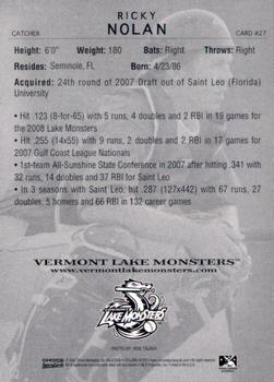 2009 Choice Vermont Lake Monsters #27 Ricky Nolan Back