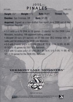 2009 Choice Vermont Lake Monsters #2 Jose Pinales Back
