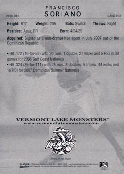 2009 Choice Vermont Lake Monsters #8 Francisco Soriano Back
