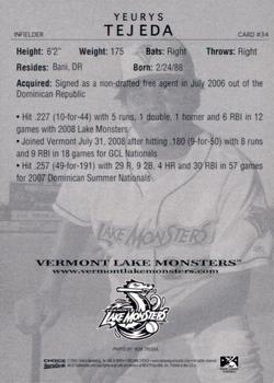 2009 Choice Vermont Lake Monsters #34 Yeurys Tejeda Back
