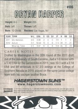 2013 Choice Hagerstown Suns #6 Bryan Harper Back