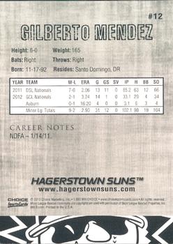 2013 Choice Hagerstown Suns #12 Gilberto Mendez Back