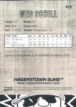 2013 Choice Hagerstown Suns #26 Wes Schill Back