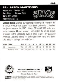 2011 Choice Hagerstown Suns Legends #14 Jason Martinson Back