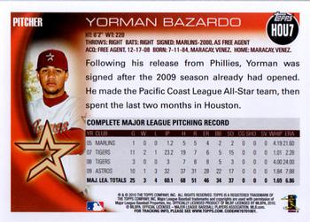 2010 Topps Houston Astros #HOU7 Yorman Bazardo Back