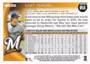 2010 Topps Milwaukee Brewers #MIL6 Mat Gamel Back
