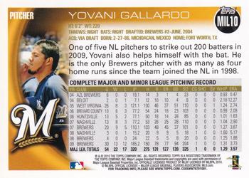 2010 Topps Milwaukee Brewers #MIL10 Yovani Gallardo Back